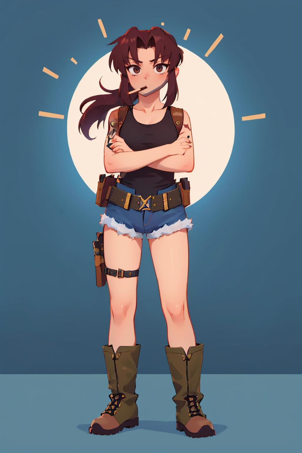 (masterpiece, best quality:1.2), solo, 1girl, revy, looking at viewer, pocky in mouth, crossed arms, ponytail, tank top, fingerless gloves, denim shorts, boots, belt, holster <lora:blacklagoon_revy-10:1> <lora:concept_pockyinmouth:1>