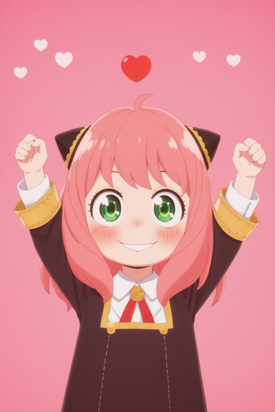 spy x family,  cute tiny, anya forger 1girl, solo, blush, smile, bangs, shirt, long sleeves, closed mouth, school uniform, green eyes, upper body, pink hair, ahoge, heart, medium hair, pink background, outstretched arms, child, meme, female child, heart background, eden academy school uniform, anya (spy x family) spy x family,  cute tiny, anya forger