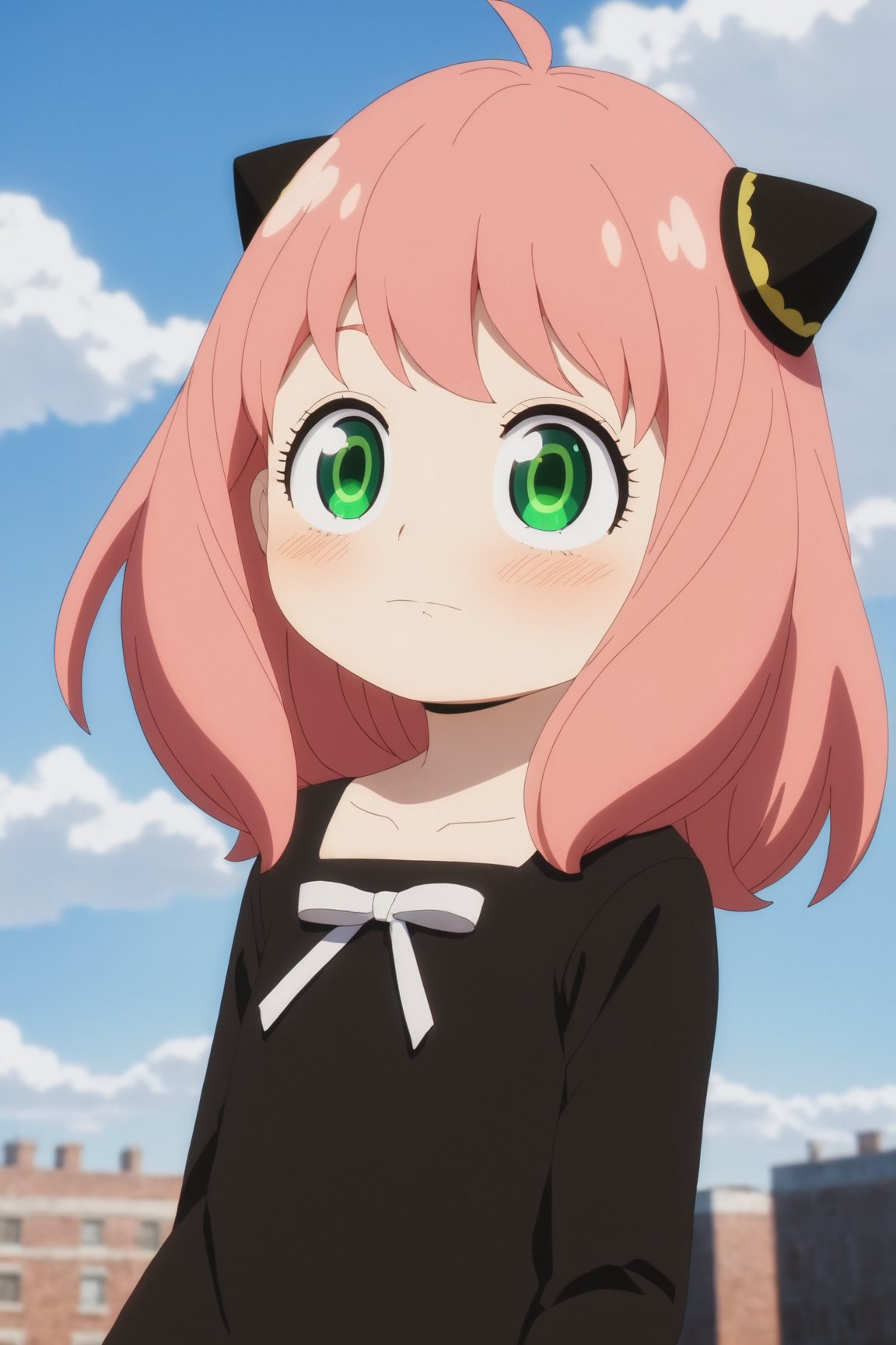 spy x family,  cute tiny, anya forger 1girl, solo, blush, bangs, long sleeves, dress, closed mouth, green eyes, collarbone, upper body, pink hair, ahoge, outdoors, sky, day, medium hair, sweatdrop, black dress, blue sky, looking to the side, looking away, half-closed eyes, building, child, clenched hands, meme, female child, hairpods, anya (spy x family) spy x family,  cute tiny, anya forger