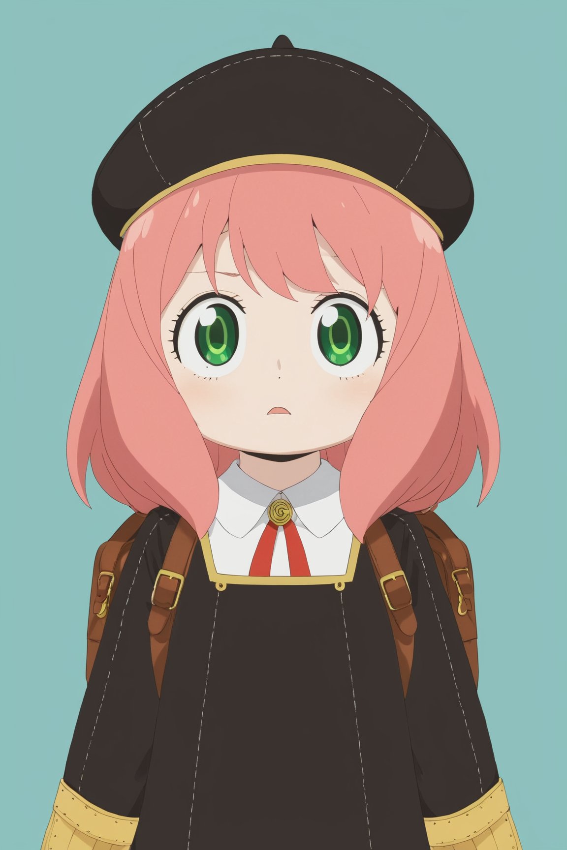 spy x family,  cute tiny, anya forger 1girl, solo, looking at viewer, bangs, shirt, long sleeves, hat, dress, ribbon, closed mouth, school uniform, green eyes, upper body, pink hair, collared shirt, medium hair, bag, black dress, red ribbon, v-shaped eyebrows, black headwear, neck ribbon, frown, parody, backpack, child, meme, female child, eden academy school uniform, anya (spy x family) spy x family,  cute tiny, anya forger