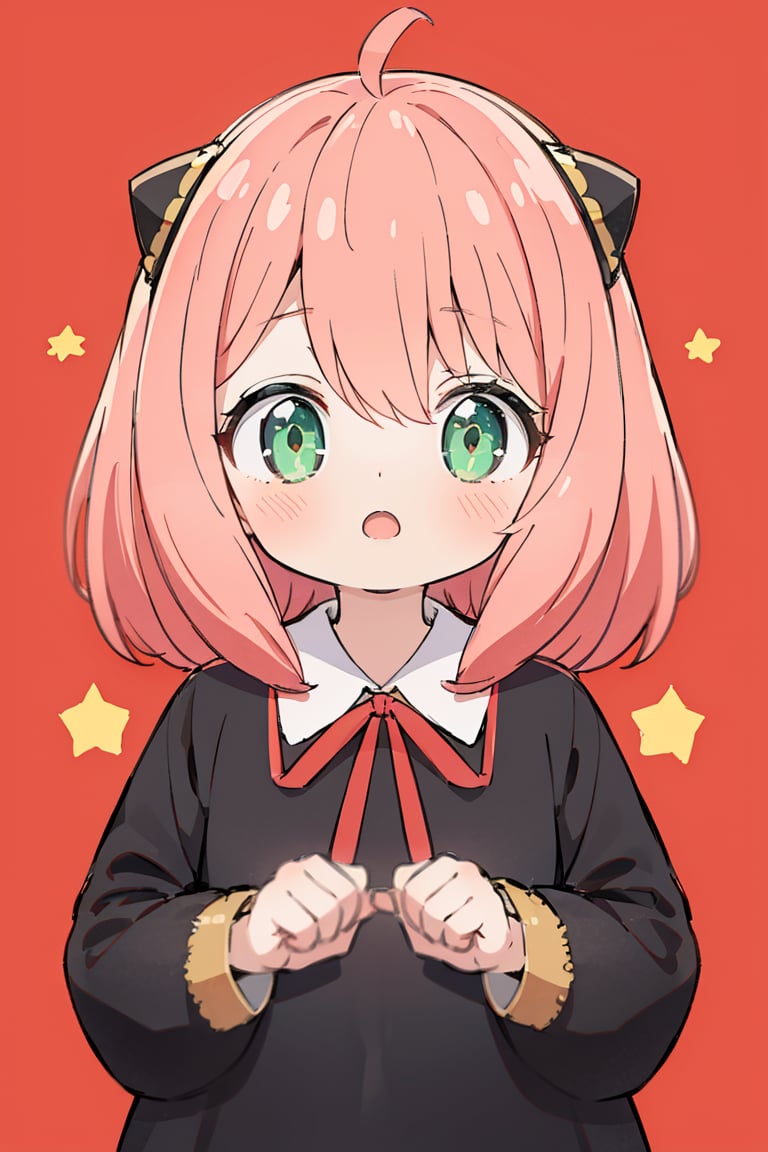 spy x family,  cute tiny, anya forger 1girl, solo, looking at viewer, open mouth, bangs, simple background, shirt, long sleeves, dress, ribbon, school uniform, green eyes, white shirt, upper body, pink hair, ahoge, teeth, collared shirt, medium hair, star (symbol), :o, black dress, red ribbon, v, neck ribbon, upper teeth only, child, red background, double v, female child, starry background, v over eye, eden academy school uniform, anya (spy x family) spy x family,  cute tiny, anya forger