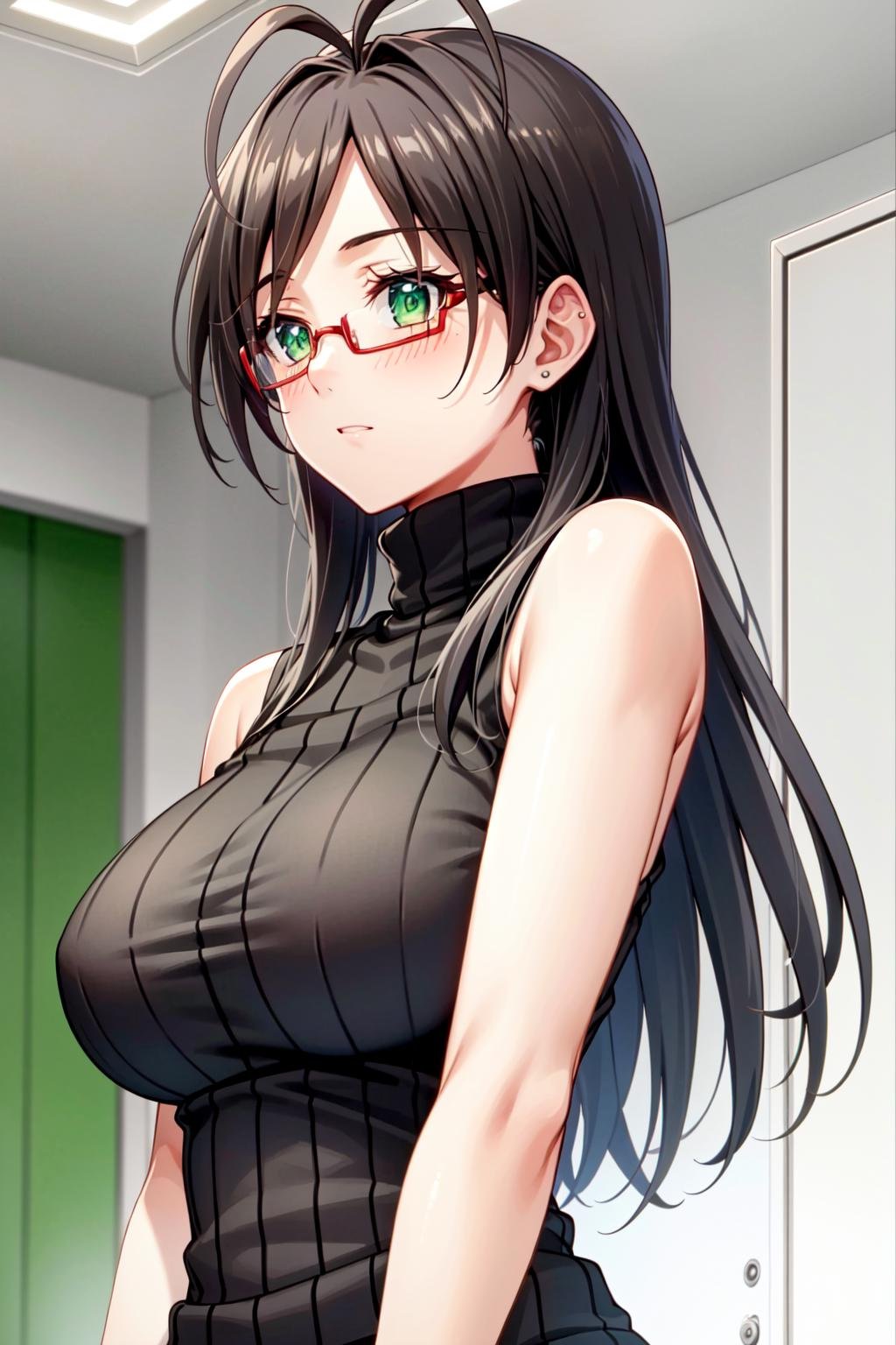 <lora:OGT_Chisato_Hasegawa-v2:0.8> Chisato Hasegawa, 1girl, solo, glasses, antenna hair, long hair, black hair, turtleneck, red-framed eyewear, green eyes, sleeveless, sweater, breasts, sleeveless turtleneck, bare shoulders, ribbed sweater, large breasts, green shirt, semi-rimless eyewear, indoors, from below, (masterpiece, Best Quality, Extremely Detailed, Ultra Quality, 4k)