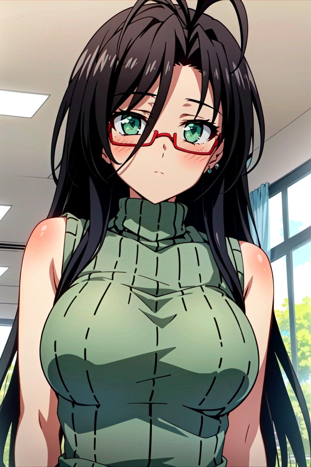 <lora:OGT_Chisato_Hasegawa-v2:0.8> Chisato Hasegawa, 1girl, solo, glasses, antenna hair, long hair, black hair, green turtleneck, red-framed eyewear, green eyes, sleeveless, sweater, breasts, sleeveless turtleneck, bare shoulders, ribbed sweater, large breasts, green shirt, semi-rimless eyewear, indoors, from below, (masterpiece, Best Quality, Extremely Detailed, Ultra Quality, 4k)