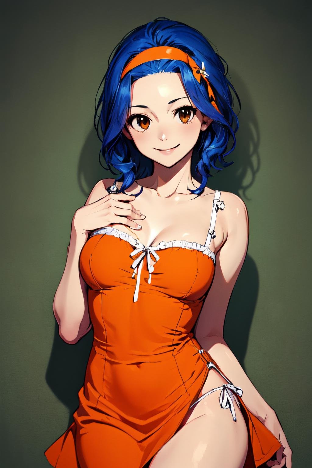 best quality, masterpiece,illustration,ultra detailed,levy,1girl,solo ,breasts,blue hair,hairband, brown eyes,orange dress,smile,short dress,panties, <lora:Levy:0.9>