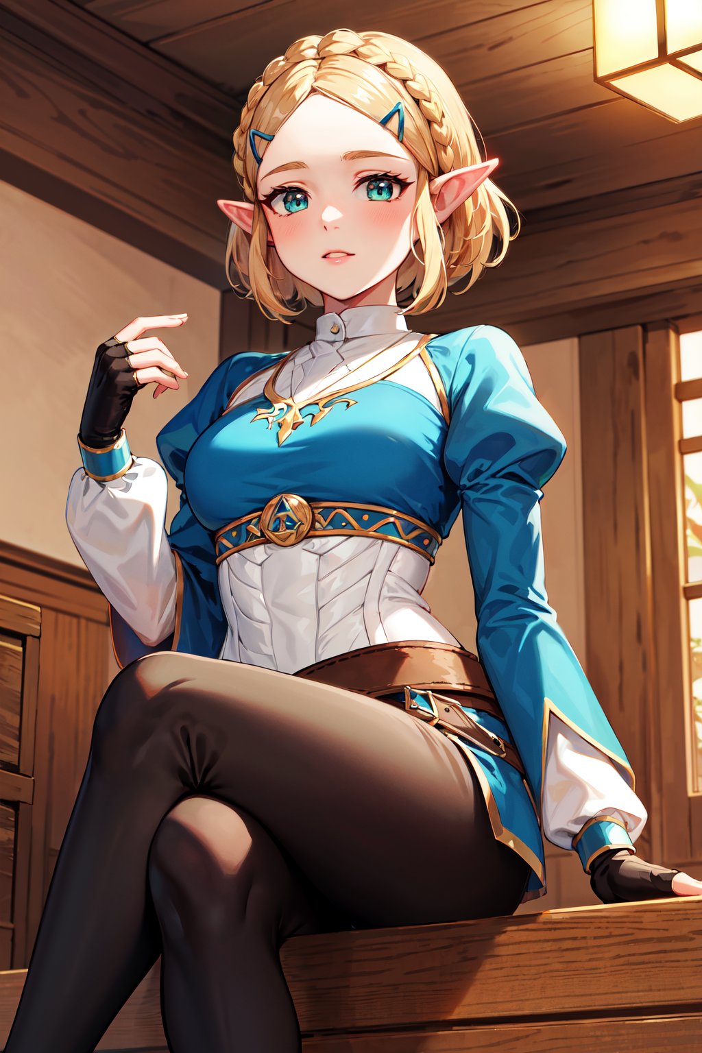 masterpiece, best quality, highres, aazelda, short hair, crown braid, hairclip, pointy ears, blue shirt, puffy sleeves, long sleeves, fingerless gloves, black gloves, black pants, tight pants, <lora:zelda_1:0.7>, indoors, sitting, crossed legs, 