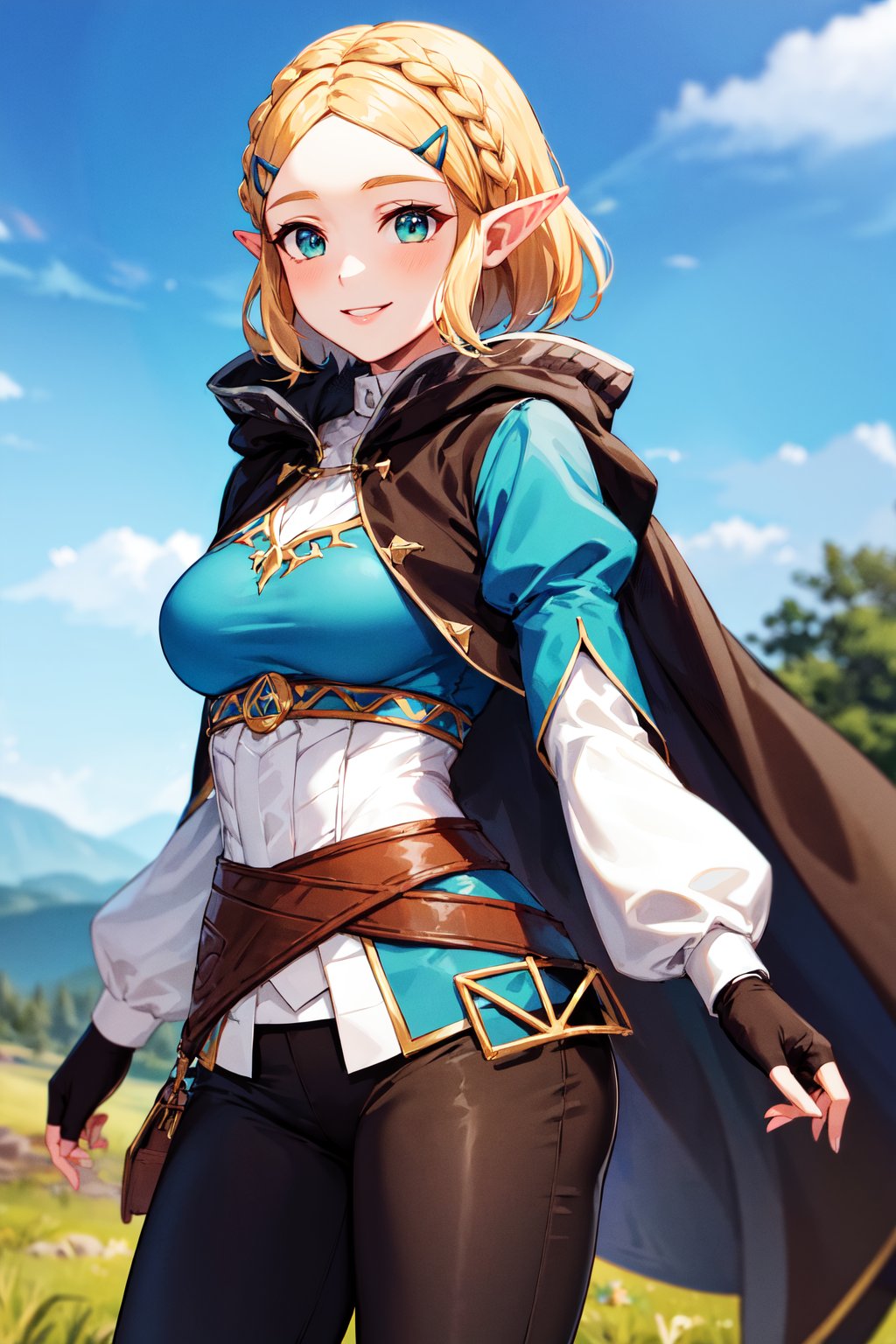 masterpiece, best quality, highres, aazelda, short hair, crown braid, hairclip, pointy ears, brown cape, blue shirt, puffy sleeves, long sleeves, fingerless gloves, black gloves, black pants, tight pants, <lora:zelda_1:0.7>, standing, cowboy shot, smile, outdoors