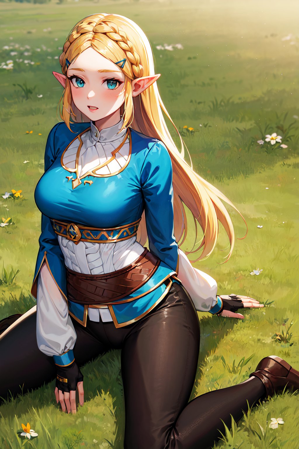 masterpiece, best quality, highres, aazelda, long hair, crown braid, hairclip, pointy ears, blue shirt, long sleeves, fingerless gloves, black gloves, black pants, tight pants, <lora:zelda_1:0.7>, wariza, grass, field, 