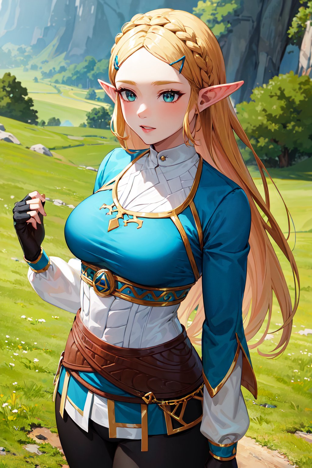 masterpiece, best quality, highres, aazelda, long hair, crown braid, hairclip, pointy ears, blue shirt, long sleeves, fingerless gloves, black gloves, black pants, tight pants, <lora:zelda_1:0.7>, outdoors, standing, cowboy shot