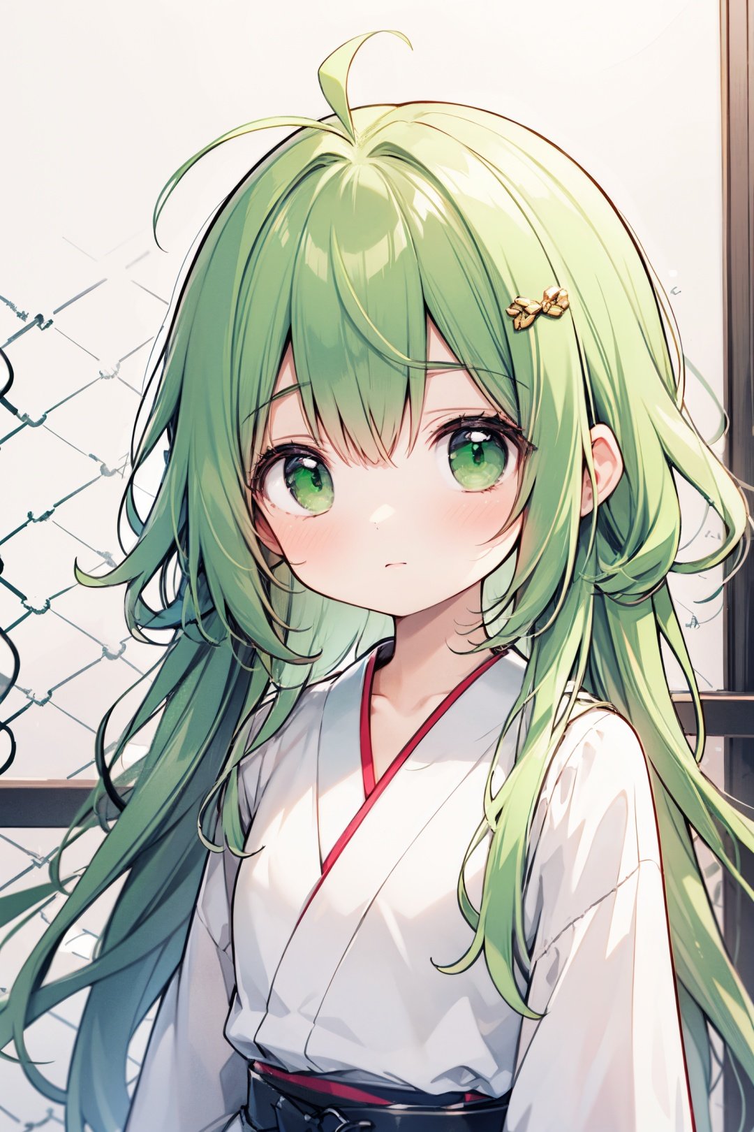  blunt bangs, ceiling, chain-link fence, checkered background, collarbone, green eyes, hexagon, japanese clothes, long hair, looking at viewer, messy hair, solo, upper body, wall,green hair,big hair,loli,messy hair,messy sleeper,hair flowing over