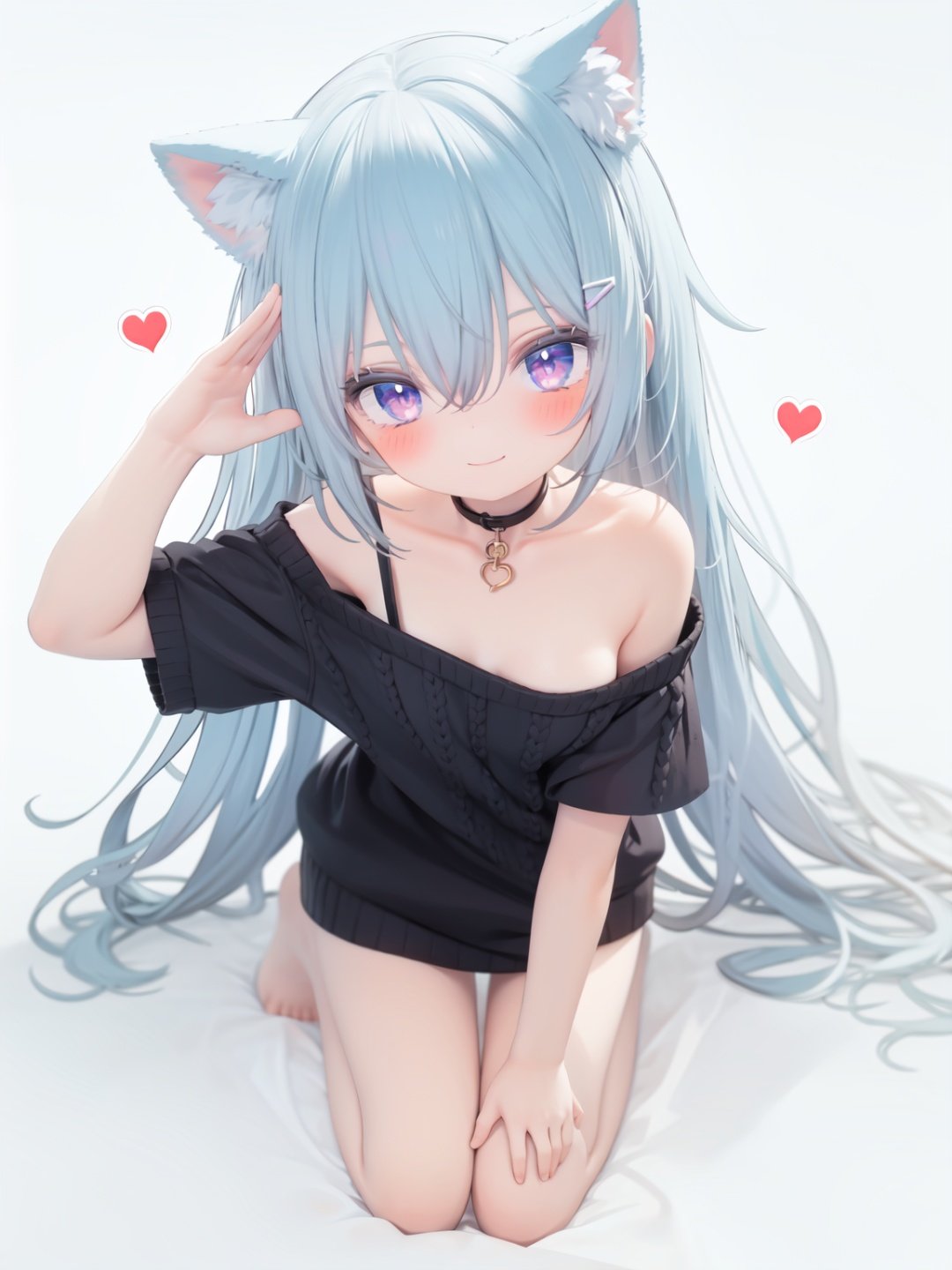  petite, loli, solo, animal ears, heart, puffy short sleeves, blue hair, long hair, off shoulder, bangs, hair ornament, gradient background,rainbow gradient, x hair ornament, animal ear fluff, looking at viewer, very long hair, blush, smile, cat ears, bare shoulders, collarbone, hand up, gradient sweater, hair between eyes, symbol-shaped pupils, arm up, heart-shaped pupils, hairclip, medium breasts, salute, bare legs,full body