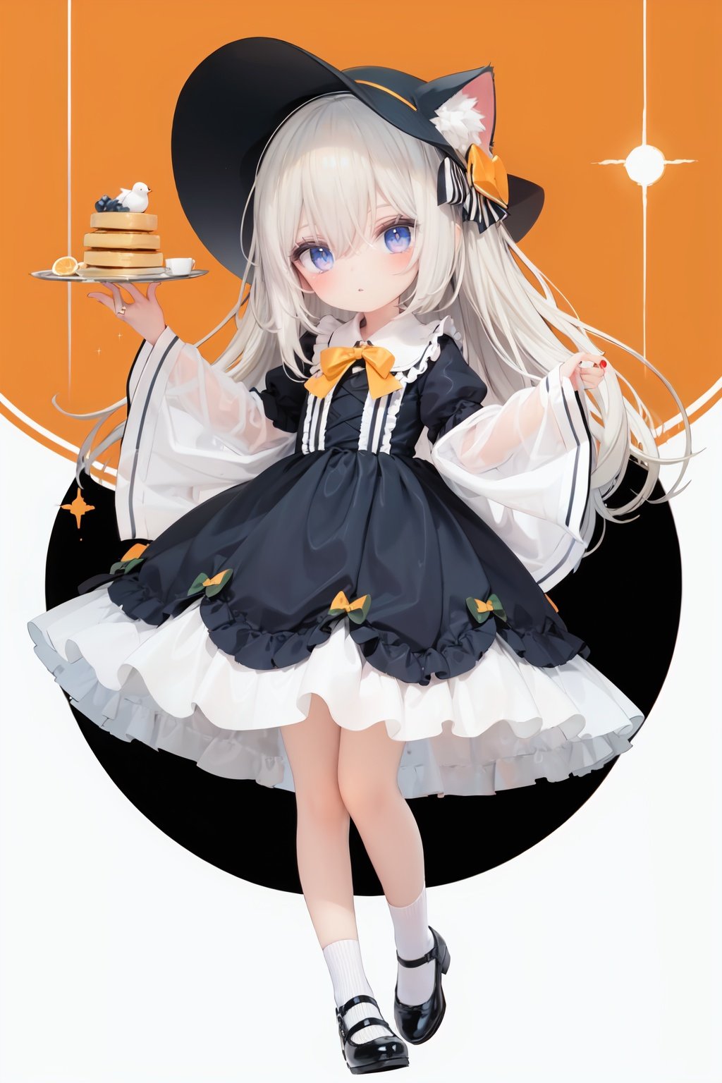  (cinematic lighting), dreamy atmosphere, Ray tracing, (((solo))), (loli:1.5), (child:1.5), (petite:1.5), green eyes, (animal ears), dress, solo, food, blonde hair, open mouth, long hair, pancake, flower, holding, bow, smile, fork, bird, socks, looking at viewer, shoes, striped background, holding fork, bonnet, striped, frills, long sleeves, :d, yellow dress, bangs, eyebrows visible through hair, blush, green nails, hair bow, nail polish, diagonal stripes, chick, sparkle, frilled dress, orange bow, fruit, full body, :3, hair between eyes, green bow, puffy sleeves, heart, lemon, orange footwear, animal ear fluff, white bow, cat ears, bobby socks, orange headwear, see-through sleeves, blue background, striped bow, hair ornament, white legwear, mary janes