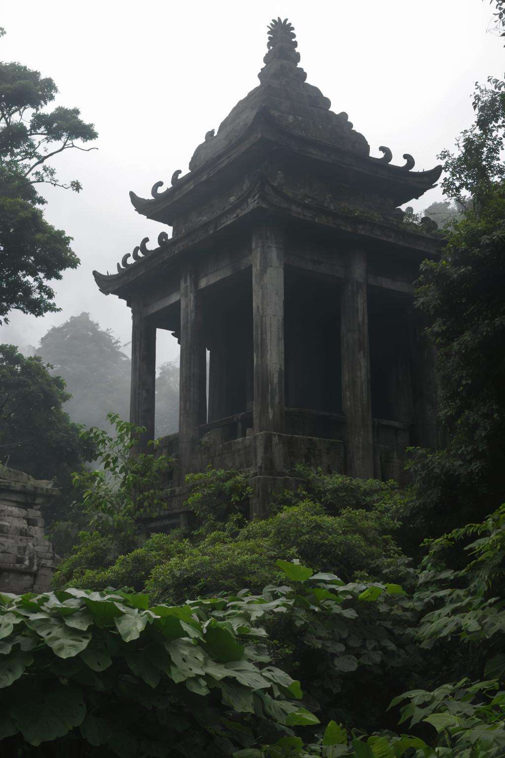 horror-themed a dense tropical rainforest,with an ancient temple visible in the distance. The scene is shrouded in a light mist,adding a sense of mystery and oppression to the atmosphere. The weather is overcast,casting a somber mood over the lush greenery and the distant temple. The combination of the thick foliage,the distant,enigmatic structure,and the heavy,brooding sky creates a feeling of awe and foreboding,as if the rainforest is guarding ancient secrets . eerie,unsettling,dark,spooky,suspenseful,grim,highly detailed,