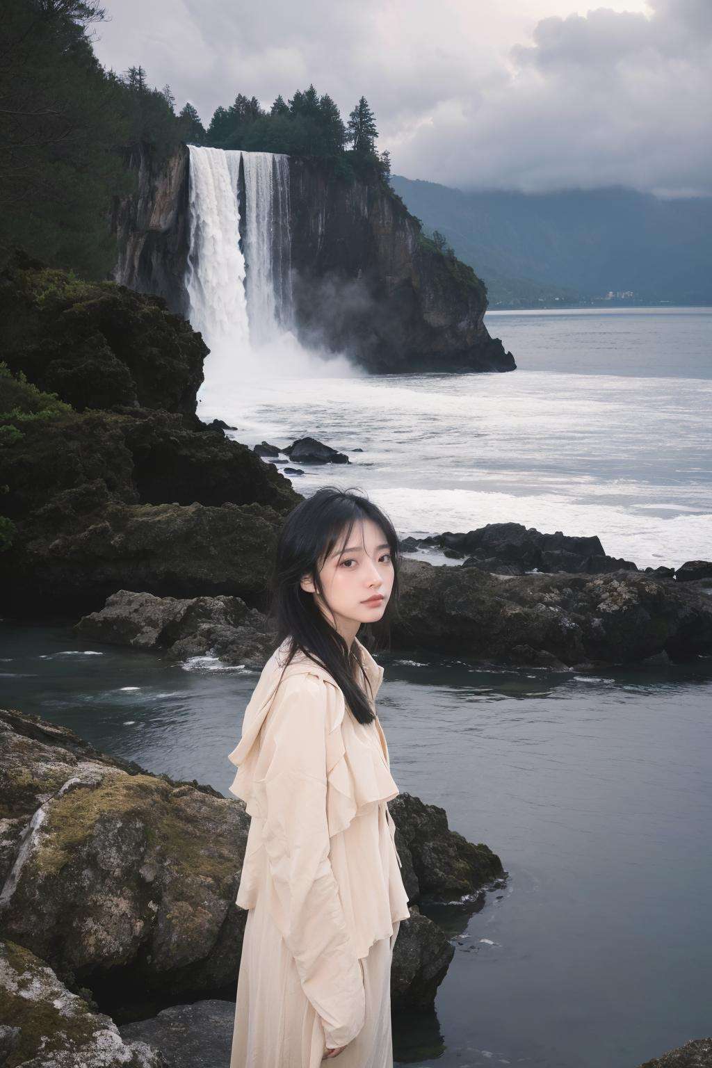 Beneath a towering cliff,a woman stands with a cascading waterfall behind her. The weather is overcast,casting the scene in a palette of cool,subdued colors. The water's roar contrasts with the gentle,soft composition of the scene,creating a sense of harmony between nature's power and tranquility. The woman's presence adds a contemplative,serene quality to the landscape,as she gazes into the distance under the cloudy sky.,