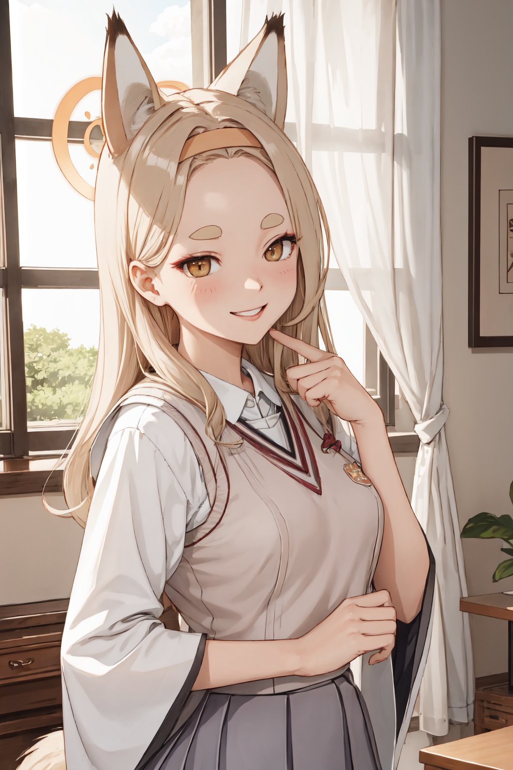 masterpiecem best quality, indoor, kahoface, fox ear, halo, upper body, looking at viewer, smile, inside living room, living room, window, sun ray, daylight, tokiwadai school uniform