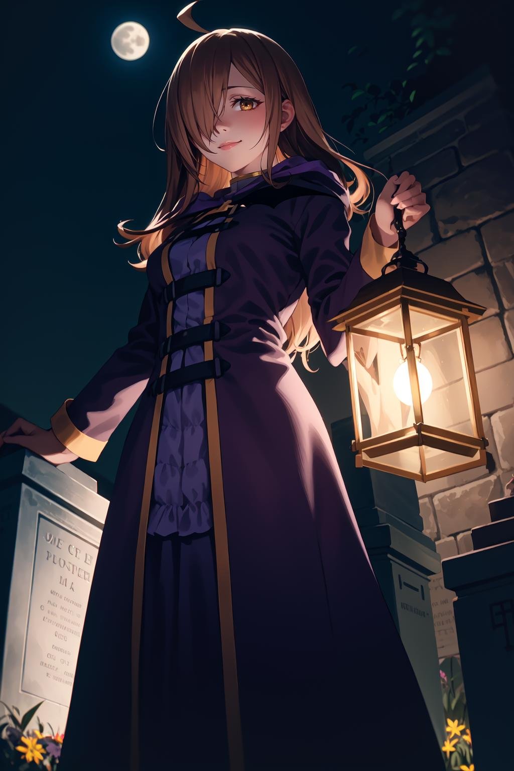 1girl, solo, wizrnd,brown hair, long hair, ahoge, hair over one eye,brown eyes, looking at viewer,smile,nude,dress, purple dress, long dress, cross, long sleeves,gravestone, tombstones, graveyard, (night, dark:1.2), darkness, moon, holding lantern, lantern, ambient lighting, volumetric lighting, soft lighting, from below, <lora:Wiz - Konosuba v1:1>