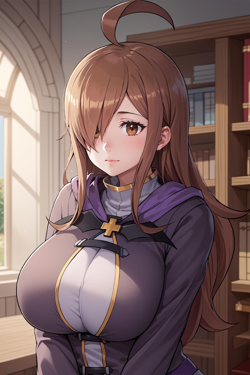 1girl, solo, wizdef,brown hair, long hair, ahoge,brown eyes, looking at viewer,dress, purple dress, cross,medieval, fantasy, shop, alchemy shop, shelf, books, <lora:Wiz - Konosuba v1:1>