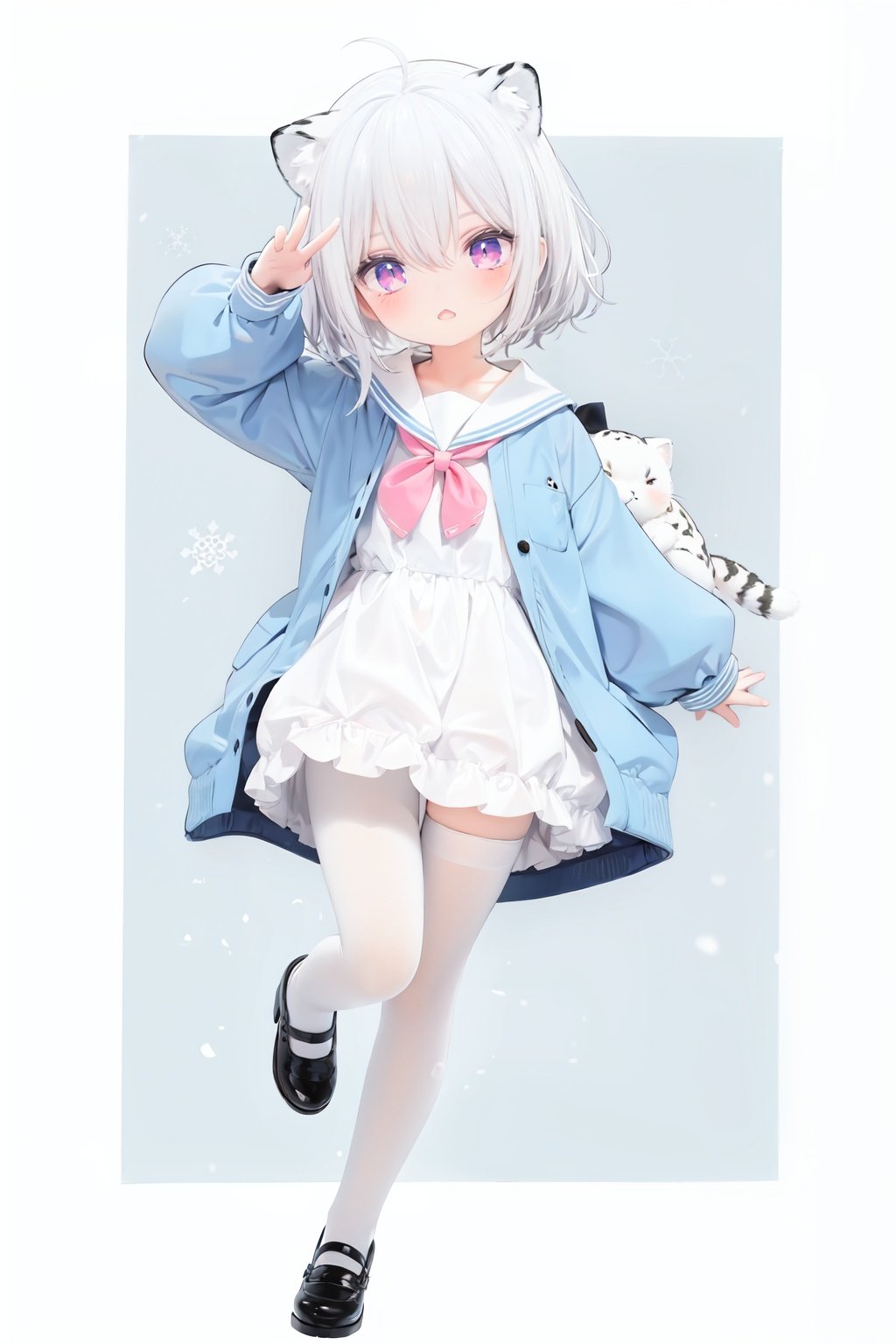  cute,Infant,solo blue shirt,blue sailor coat,loli,full body,white hair,snow leopard ear,white background,pink eyes,laugh,happy,white pantihose,white pantyhose,red armband,