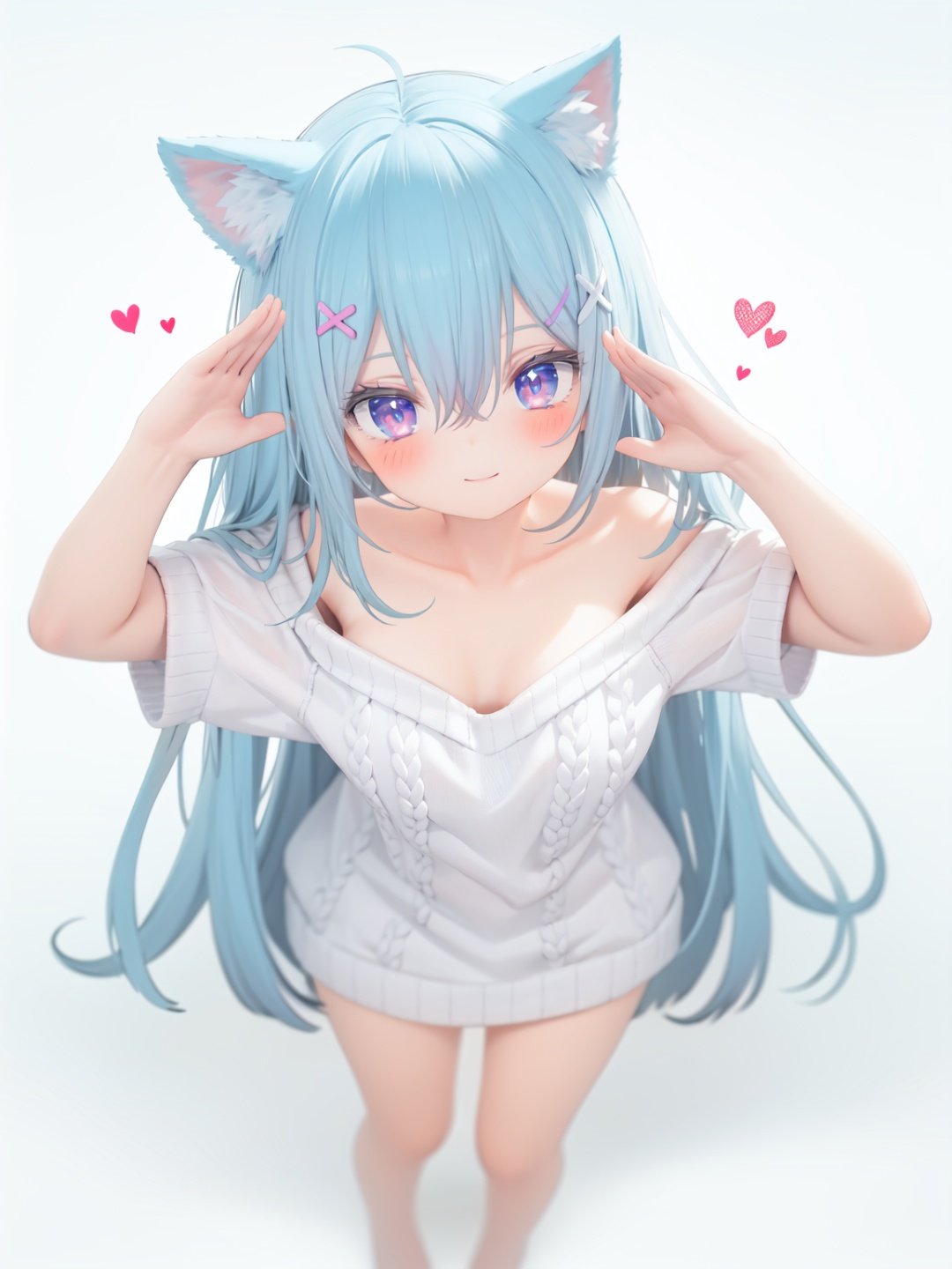  petite, loli, solo, animal ears, heart, puffy short sleeves, blue hair, long hair, off shoulder, bangs, hair ornament, gradient background,rainbow gradient, x hair ornament, animal ear fluff, looking at viewer, very long hair, blush, smile, cat ears, bare shoulders, collarbone, hand up, gradient sweater, hair between eyes, symbol-shaped pupils, arm up, heart-shaped pupils, hairclip, medium breasts, salute, bare legs,full body