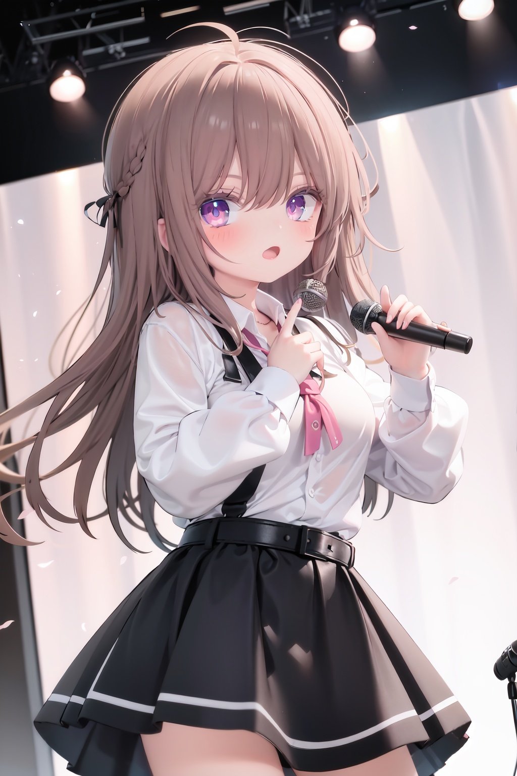  1girl, solo, microphone, smile, skirt, blush, brown eyes, long hair, open mouth, looking at viewer, brown hair, long sleeves, :d, shirt, bangs, belt, breasts, pink shirt, outstretched arm, music, black belt, medium breasts, holding microphone, singing