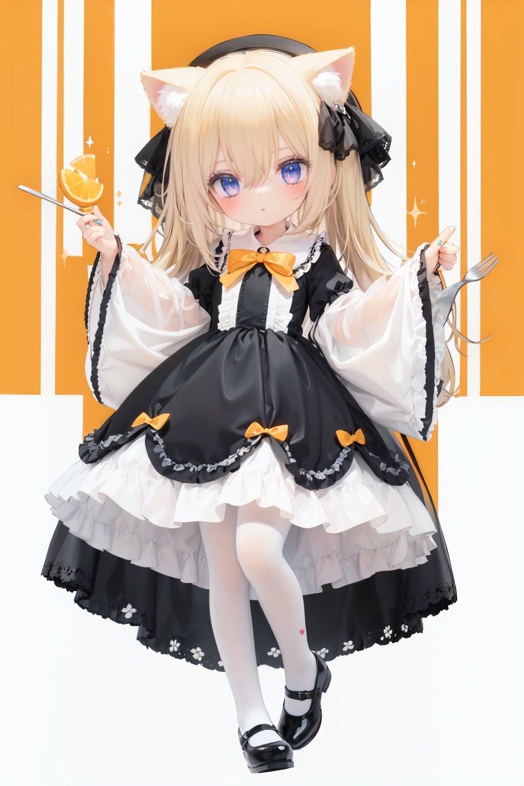  (cinematic lighting), dreamy atmosphere, Ray tracing, (((solo))), (loli:1.5), (child:1.5), (petite:1.5), green eyes, (animal ears), dress, solo, food, blonde hair, open mouth, long hair, pancake, flower, holding, bow, smile, fork, bird, socks, looking at viewer, shoes, striped background, holding fork, bonnet, striped, frills, long sleeves, :d, yellow dress, bangs, eyebrows visible through hair, blush, green nails, hair bow, nail polish, diagonal stripes, chick, sparkle, frilled dress, orange bow, fruit, full body, :3, hair between eyes, green bow, puffy sleeves, heart, lemon, orange footwear, animal ear fluff, white bow, cat ears, bobby socks, orange headwear, see-through sleeves, blue background, striped bow, hair ornament, white legwear, mary janes