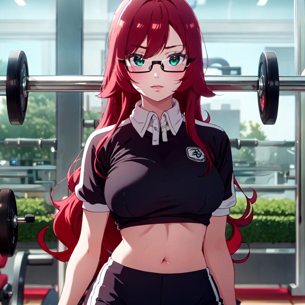 <lora:kusuri:1>, 1girl,red hair, glasses, long hair, bangs, green eyes,  gym uniform,