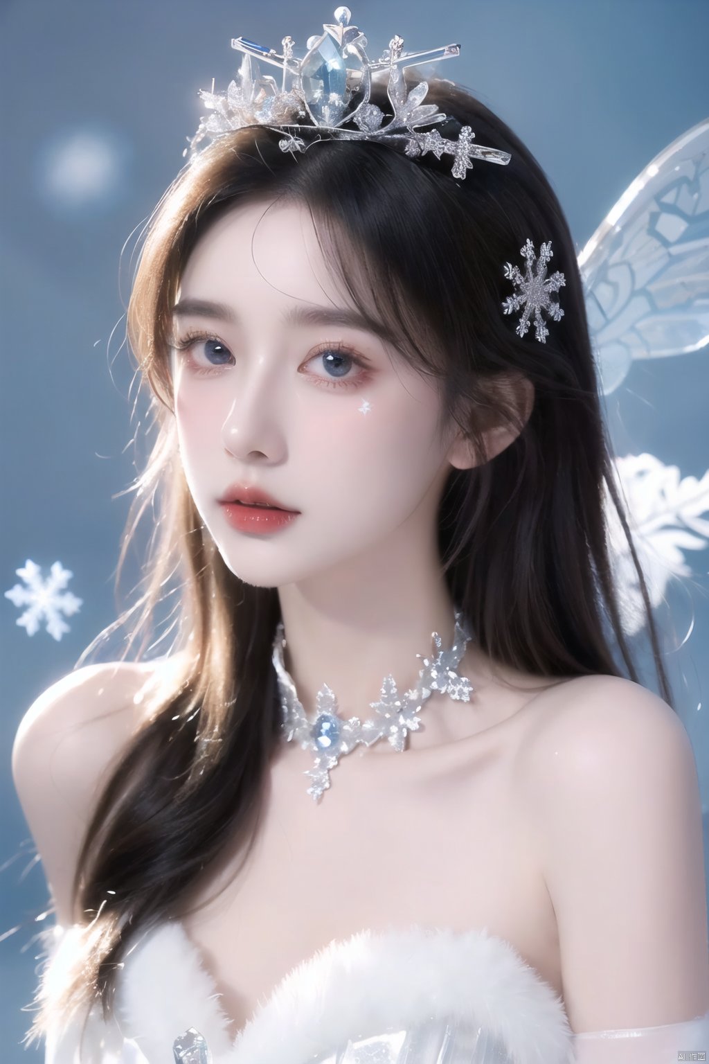  16K,full body, (detailed light), (an extremely delicate and beautiful), volume light, best shadow,cinematic lighting, flash, Depth of field, dynamic angle, Oily skin,((ice-sculpture-loli)+(detailed eyes)+(detailed messy white ice-hair)+(Extremely delicate and beautiful ice-sculpture-loli)+(Ice-crystals-skin:1.4)+(detailed ice-Texture:1.4))+(Reflective snowflake-skin:1.3)+(blue bustier:1.35)+(Snowflakes on the skin:1.3)+(ice crystals on the skin:1.3)+(ice-snowflake-crown on head:1.25)+(snowflake)+(Cute anime face)+(bell collar:1.3)+(big breasts:1.2)+(Extremely delicate and beautiful)+(Flowing-ice:1.3),(complexity),((detailed blue-fire-magic-circle background:1.3)+(Snowflake-concentric-circles:1.3)), 1girl, shuijingxie,The flowing light is overflowing with color, fazhen,crystal_dress , crystal , wings , glowing, cute girl, Nebula, eyesseye, Wumag,Black striped shirt, eyeglasses, juemei