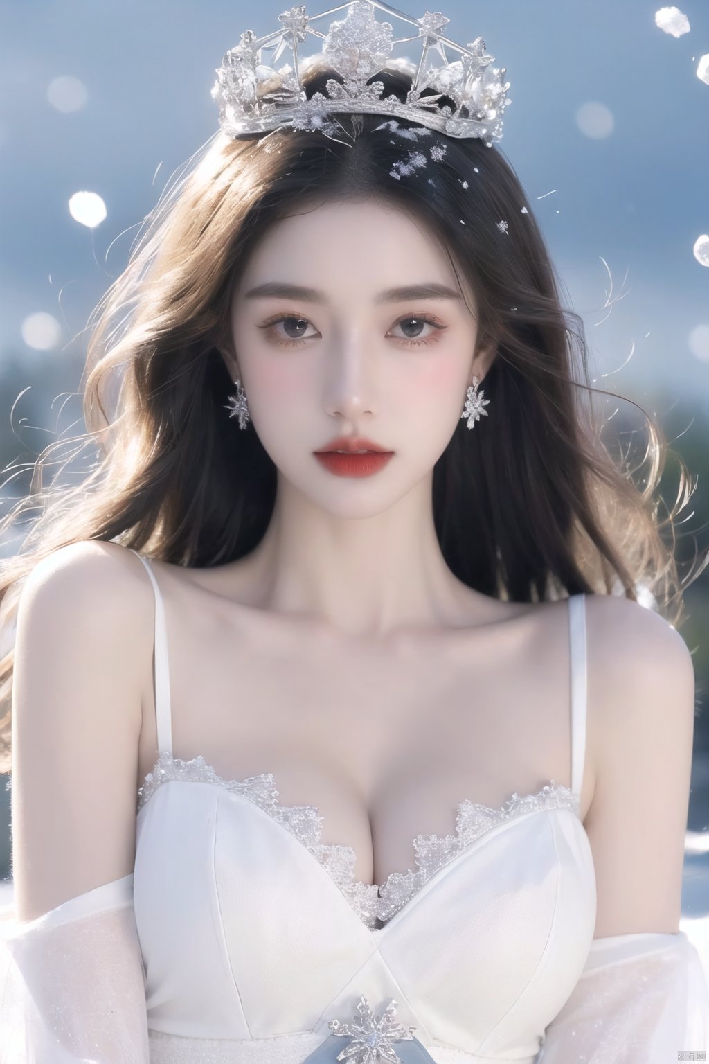 1girl, solo, long hair, medium breasts, Cleavage,looking at viewer, dress, black bra,(cleavage:1.4), bare shoulders, jewelry, upper body, white hair, Silver hair, blue hair,Snow princess, ice crown, staring at the audience, affectionate eyes,Snowflakes fluttering, simple background,earrings, parted lips, detached sleeves, grey eyes, tiara, crown, snowflakes,Snow behind me, in winter,Exquisite facial features, high nose, makeup, makeup, Dark red lips,Half-length photo, navel exposed, shoulder exposed, cleavage,Exquisite clothing, glowing, sparkling jewelry, nobility, royal sister, ice cubes.((Snowflakes falling in the background)),Hazy beauty,