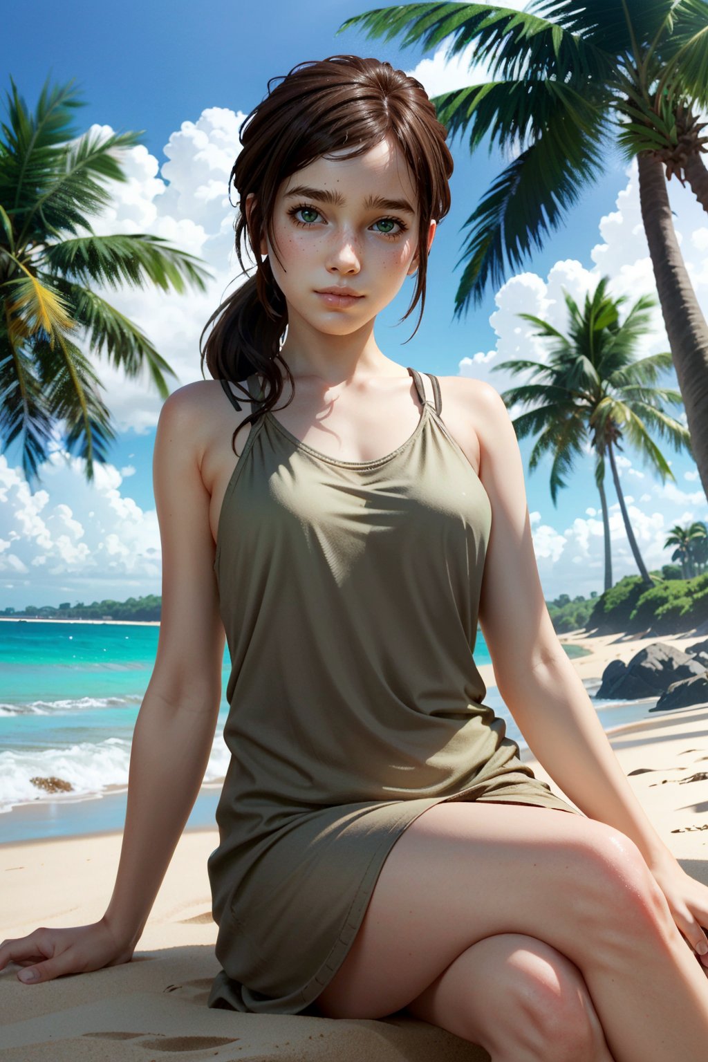 ((masterpiece, best quality))
TLOUEllie, 1girl, solo, brown hair, long hair, green eyes, on the sandy beach, minidress, palm trees in the background, sitting cross-legged
