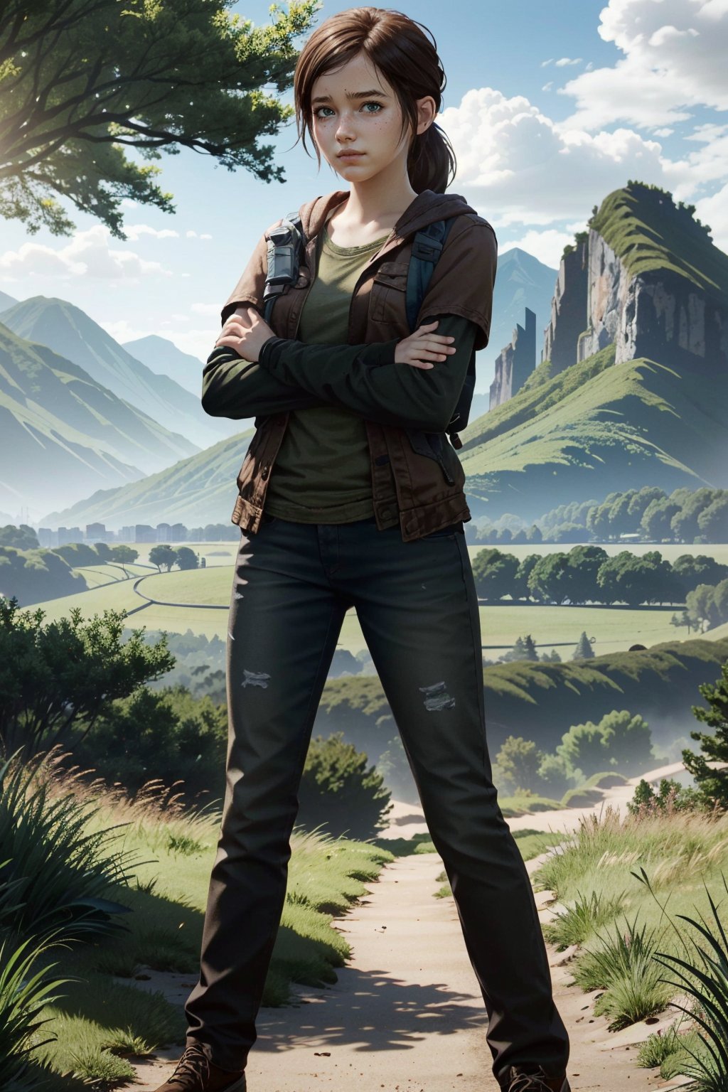 ((masterpiece, best quality))
TLOUEllie, 1girl, solo, brown hair, long hair, green eyes, standing in front of a picturesque landscape, full body, with arms folded
