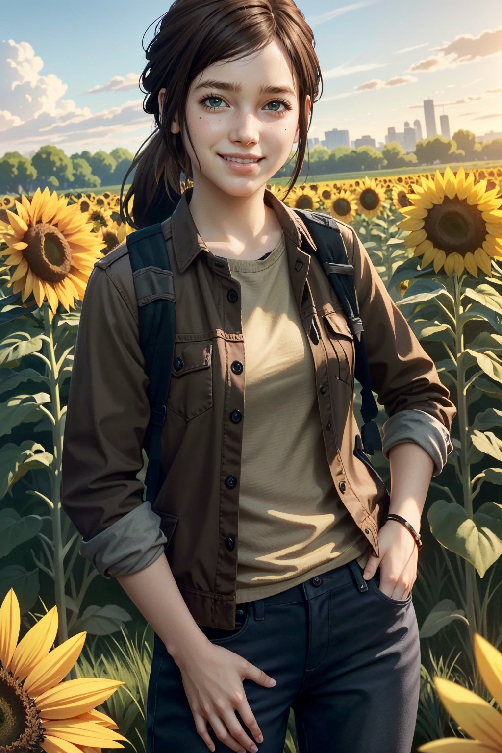 ((masterpiece, best quality))
TLOUEllie, 1girl, solo, brown hair, long hair, green eyes, surrounded by sunflowers in a bright field, smiling, with hands on hips
