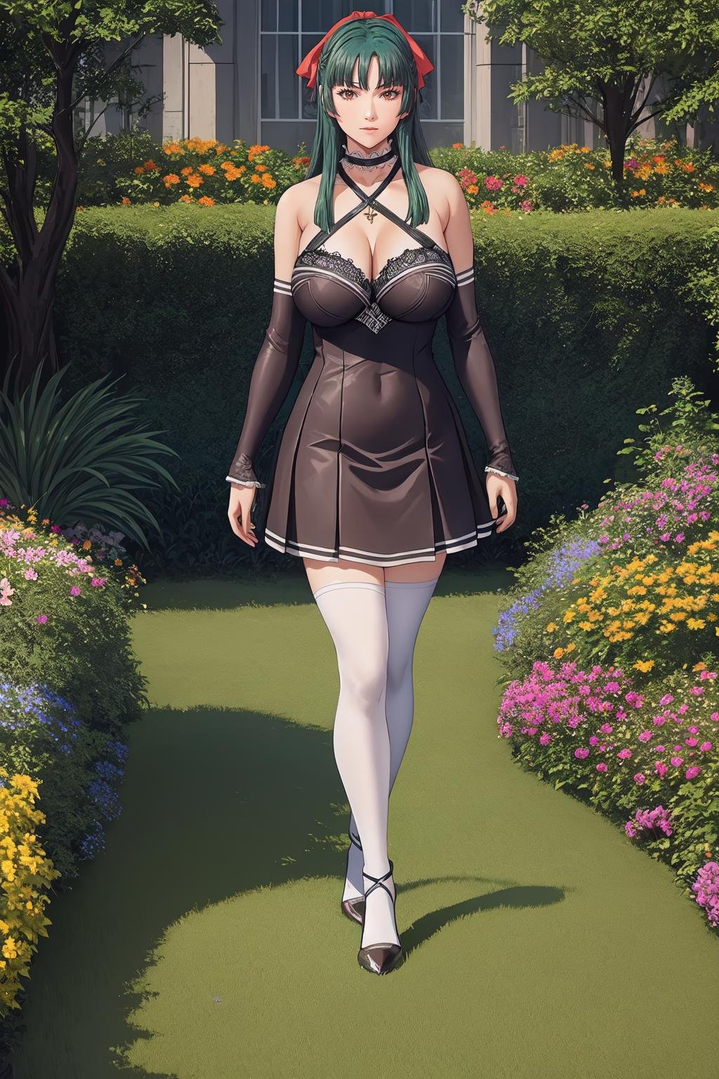 (masterpiece, high quality:1.1), cinematic lighting, extremely detailed,MarikaMamiya, walking, full body,looking at viewer, determined,green hair, long hair, hair bow, brown eyes, necklace, choker,(sleeveless short dress, miniskirt:1.1),  center opening, criss-cross halter, bra, detached sleeves, (white thighhighs:1.1), high heels,large breasts, cleavage,outdoors, luxury mansion garden, flower field,<lora:MarikaMamiya:0.9>