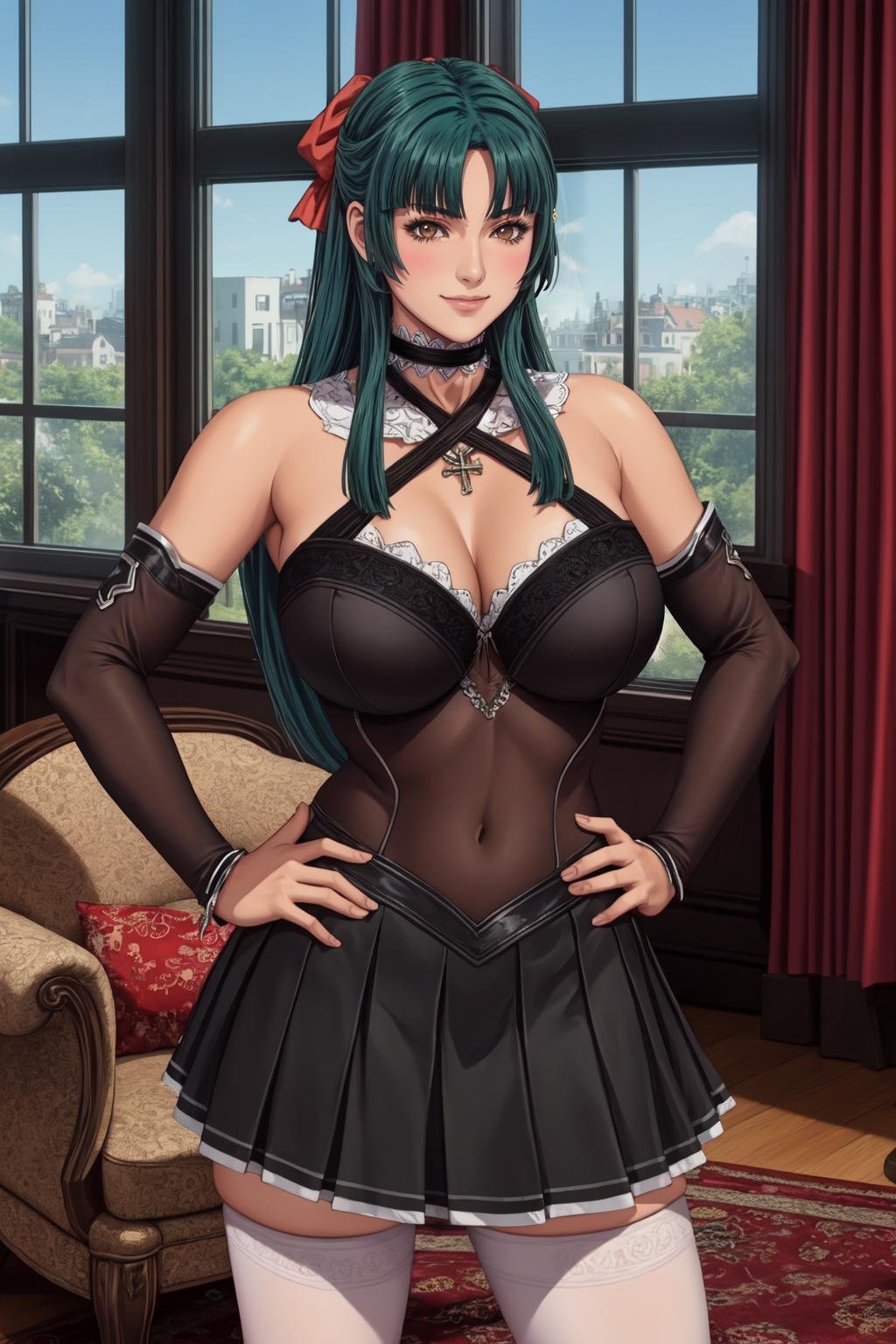 (masterpiece, high quality:1.1), cinematic lighting, extremely detailed,MarikaMamiya, solo, standing, hands on hips, cowboy shot,looking at viewer, determined, blush, smile,green hair, long hair, hair bow, brown eyes, necklace, choker,sleeveless short dress, miniskirt, center opening, criss-cross halter, bra, detached sleeves, white thighhighs,large breasts, cleavage,luxury room, mansion, windows, sky,<lora:MarikaMamiya:0.9>