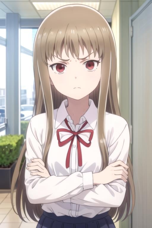 (((pixel-perfect, detail-perfect))), solo, 1girl, <lora:rori-jknomuda-01:0.8>, saku momoi, school uniform, white shirt, looking at viewer, crossed arm, frown