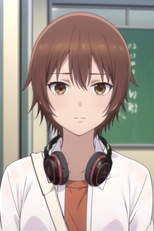 (((pixel-perfect, detail-perfect))), solo, 1girl, <lora:majime-jknomuda-01:0.8>, kanade ninomae, school uniform, headphones around neck, looking at viewer, closed mouth