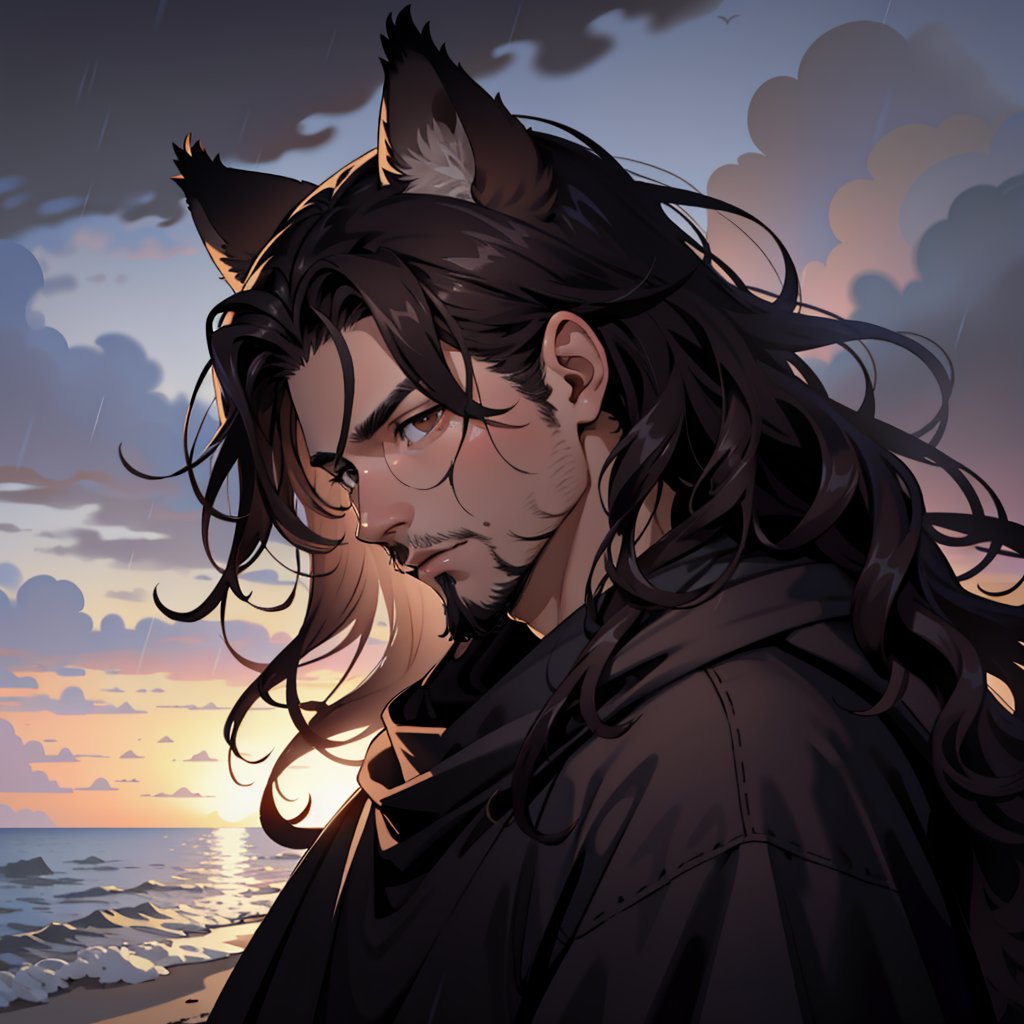 1man, close-up, portrait, front view, wolf ears, black hair, wavy hair, long hair, (hair over face), dark brown eyes, muscular, black poncho, goatee, looking down, beach scenery, night, rain