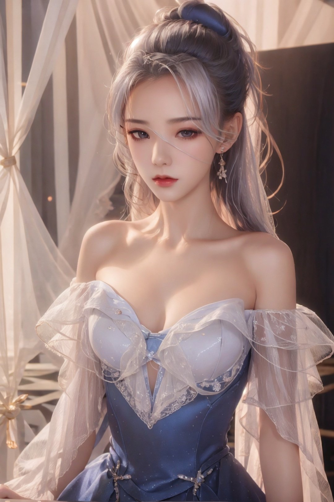 jingliu, 1girl, white hair, long hair, ponytail, hair ribbon, blindfold, earrings, jewelry, blue dress, bare shoulders, detached sleeves, 1 girl, cinematic lighting, ray tracing, reflection light, Sony FE GM, masterpiece, best quality, UHD, high details, award winning, retina,Keywords macromastia, cleavage,Big tits,