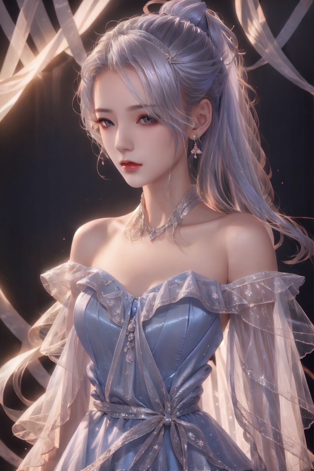  masterpiece, best quality, ,jingliu,1girl,white hair,long hair,ponytail,hair ribbon,blindfold, earrings, jewelry, blue dress,bare shoulders, detached sleeves,1 girl