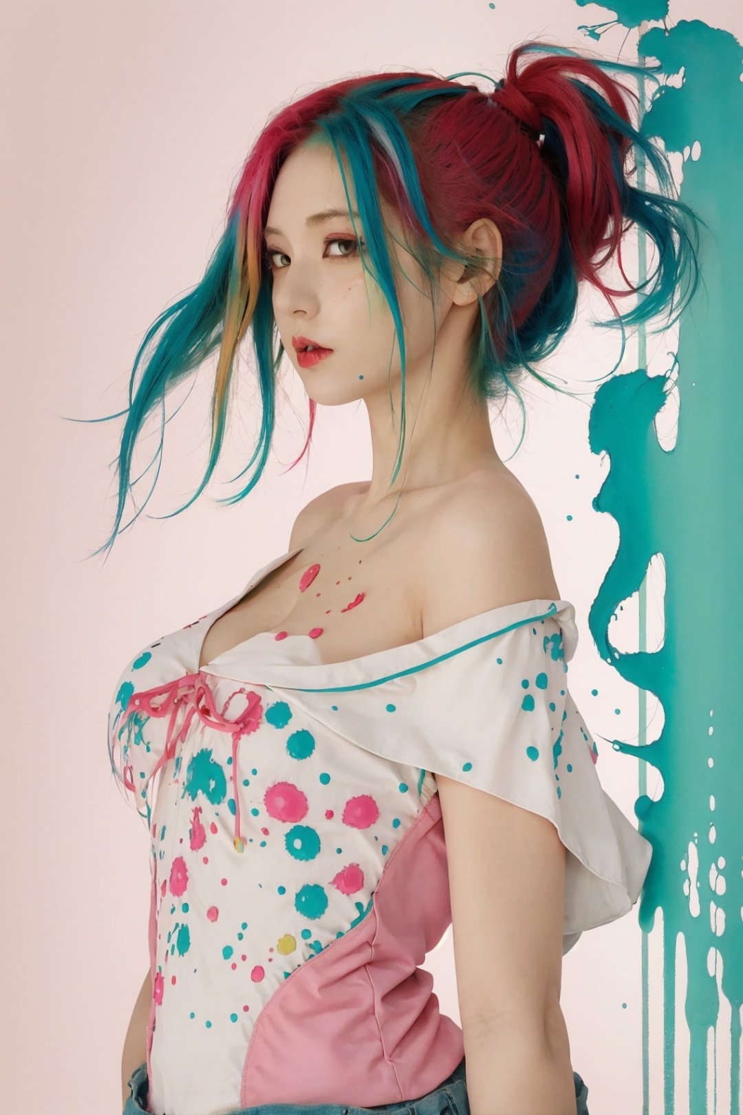  (Multicolored hair:1.3), Pink hair, Light blue hair, Colored inner hair, blue hair, green hair, light green hair, aqua hair, white hair, Orange hair, red hair, Short hair, Big hair, Ahoge, Parted lips, (baggy clothes:1.2), solo, (upper body), wind, standing, grey background, simple background, (drawn by Pomu:1.4), NanaseKurumi, solo, (upper body), Standing, off-shoulder, (splatter background:1.5), simple background, outline, watercolor (medium), concept art, seductive green eyes, Big breasts, nikon d850, smooth, dynamic lighting, ((Big tits)), long hair, Chest out, Cleavage, Ponytail, 16 years old, Long ponytail, Clean face, from side, cowboy shot, masterpiece, best quality,1 girl