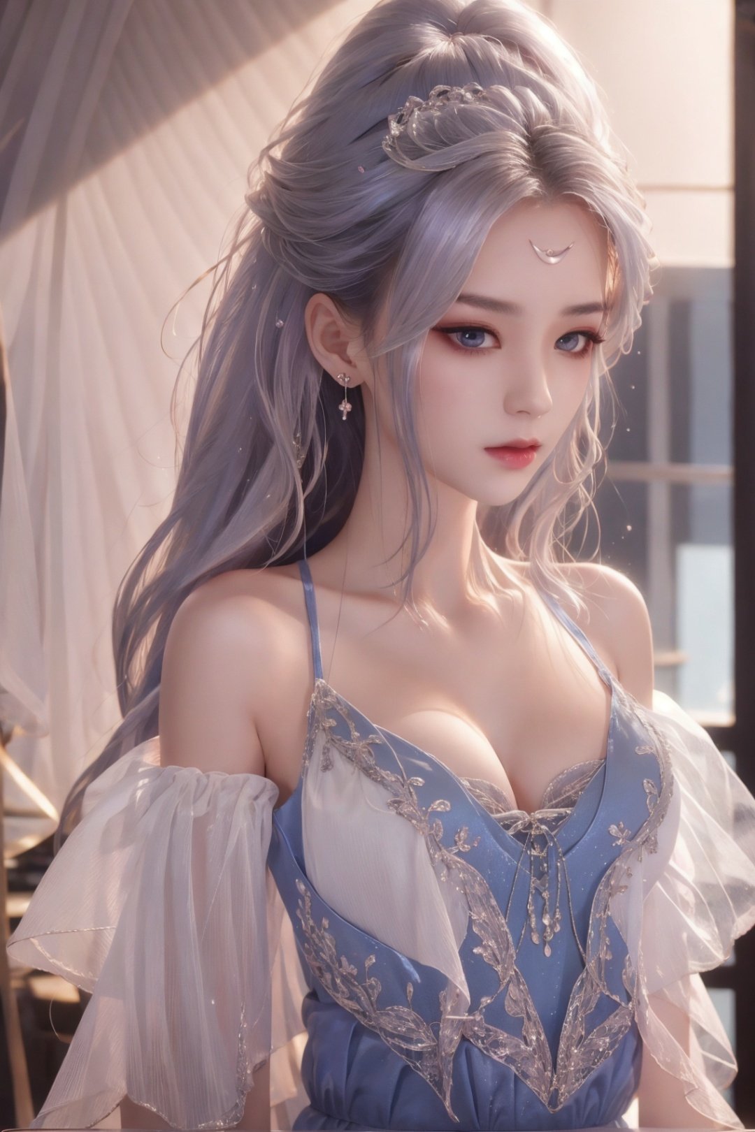 jingliu, 1girl, white hair, long hair, ponytail, hair ribbon, blindfold, earrings, jewelry, blue dress, bare shoulders, detached sleeves, 1 girl, cinematic lighting, ray tracing, reflection light, Sony FE GM, masterpiece, best quality, UHD, high details, award winning, retina,Keywords macromastia, cleavage,Big tits,