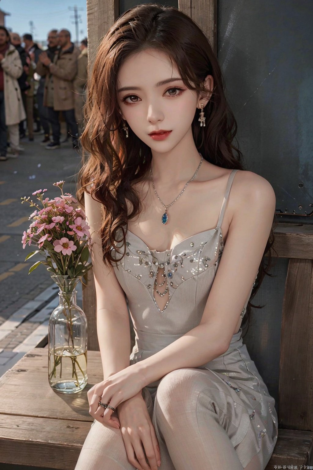  masterpiece, Original, Stand, a beautiful woman with a bouquet of flowers in her hand, long hair, wearing a suit on the upper body, light gray thick tights on the lower body, Bag, jewelry, Necklace, Earrings, Ring, rounded at the knees, waiting for someone, with a sweet smile, newspaper, The best quality, Ray tracing, 8k, light master,1girl,1 girl