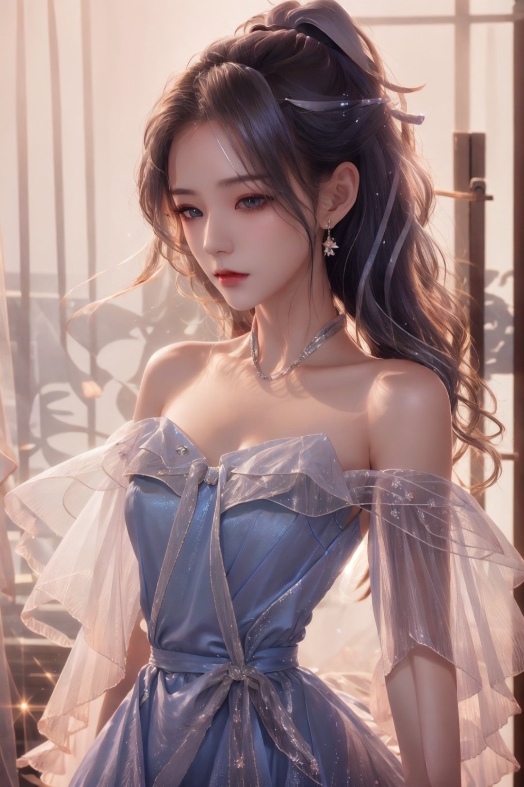 jingliu, 1girl, white hair, long hair, ponytail, hair ribbon, blindfold, earrings, jewelry, blue dress, bare shoulders, detached sleeves, 1 girl, cinematic lighting, ray tracing, reflection light, Sony FE GM, masterpiece, best quality, UHD, high details, award winning, retina