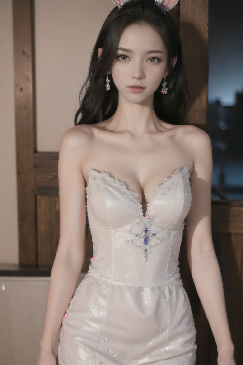  (8k, RAW photo, best quality, masterpiece:1.2),(super realistic, photo-realistic:1.3),ultra-detailed,extremely detailed cg 8k wallpaper,hatching (texture),skin gloss,light persona,(crystalstexture skin:1.2),(extremely delicate and beautiful),moonlight,1girl,solo,very long hair,rabbit ears,animal ears,bare shoulders,pink_dress,white_dress,long dress,red_eyes,white pantyhose,xwhd,looking at viewer,,1 girl