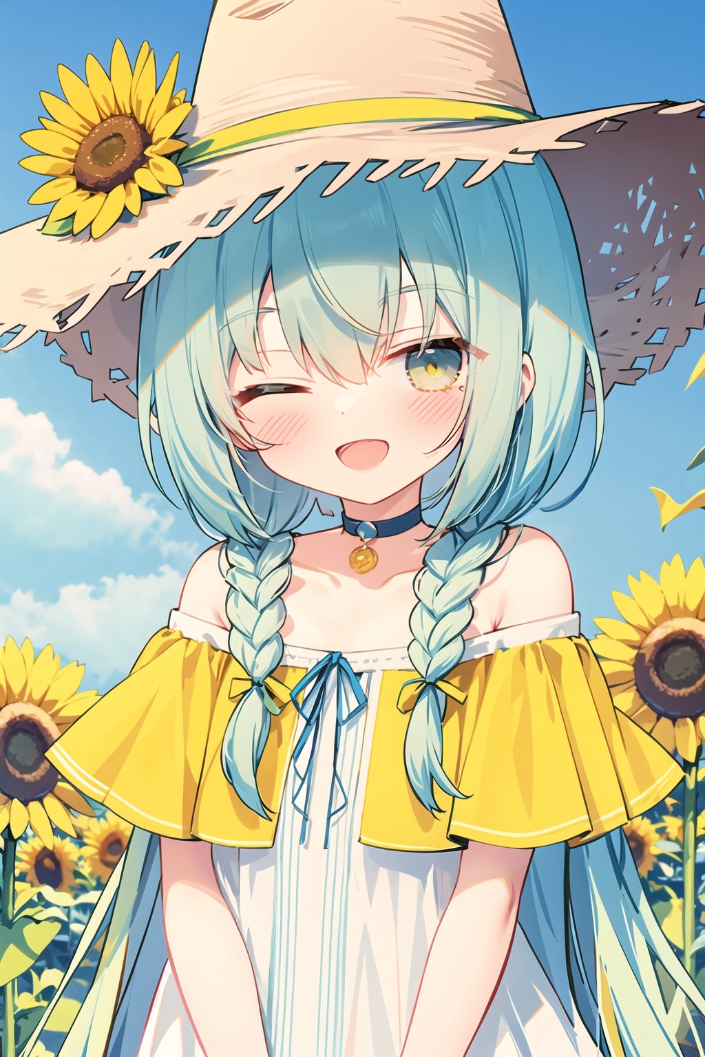  1girl, sunflower, solo, flower, hat, dress, one eye closed, long hair, braid, smile, open mouth, bare shoulders, looking at viewer, holding flower, white dress, straw hat, holding, hat flower, ;d, collarbone, off-shoulder dress, bangs, twin braids, brown headwear, yellow flower, blurry, short sleeves, upper body, outdoors, off shoulder, blush, choker, sun hat, ribbon choker,,,
