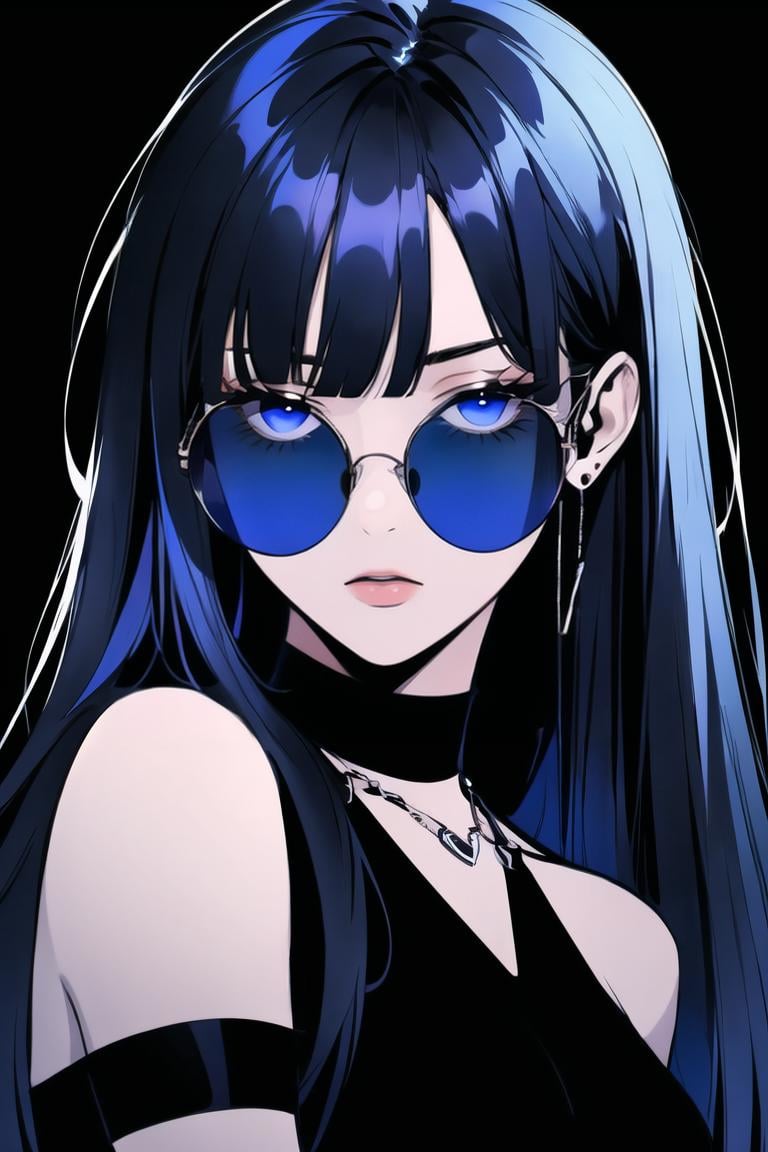 <lora:Minimalistic_Style:0.8>,  absurdres, upper body, (black background,), sunglasses, 1girl, solo, looking at viewer, tinted eyewear, blue theme, looking over eyewear, blue-tinted eyewear, black dress, sleeveless, 