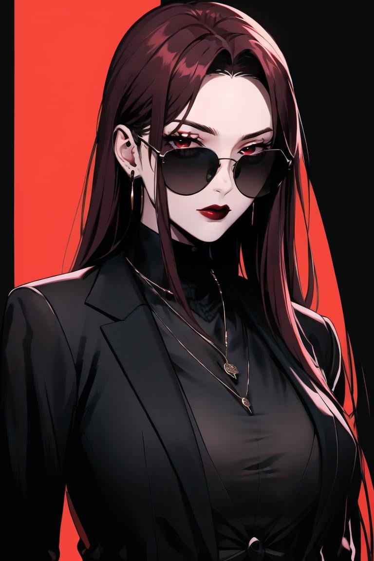 <lora:Minimalistic_Style:0.8>,  absurdres, upper body, (black background,), sunglasses, 1girl, solo, looking at viewer, necklace, black jacket, formal, suit, black background, red lips, hair behind ear, long red hair, 