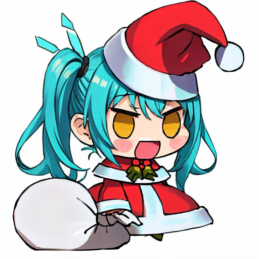 <lora:padoru_meme:1> padoru meme, 1girl, holding sack, solo,  chibi, santa hat, simple background, blush stickers, santa costume, standing,:d,white background, yellow eyes, aqua hair, twintails