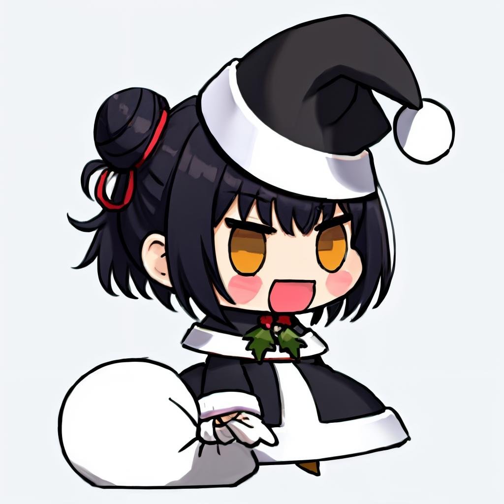 <lora:padoru_meme:1> padoru meme, 1girl, holding sack, solo, black hair, chibi, santa hat, simple background, hair bun, christmas, capelet, fur trim, blush stickers, long sleeves, fur-trimmed capelet, santa costume, coat, standing, bangs, short hair, black headwear,:d