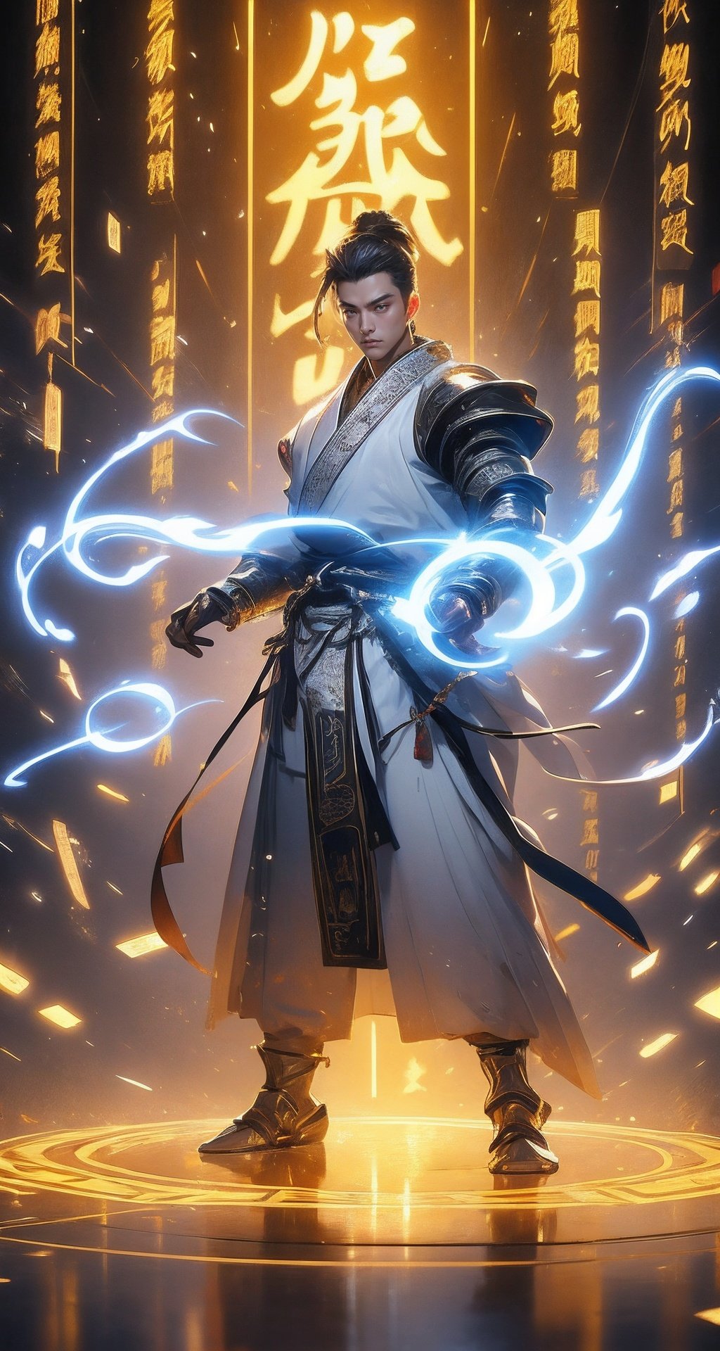 A Chinese teenager wearing a silver armor stands in the air,  with characters in ancient Chinese novels shining brightly,...
