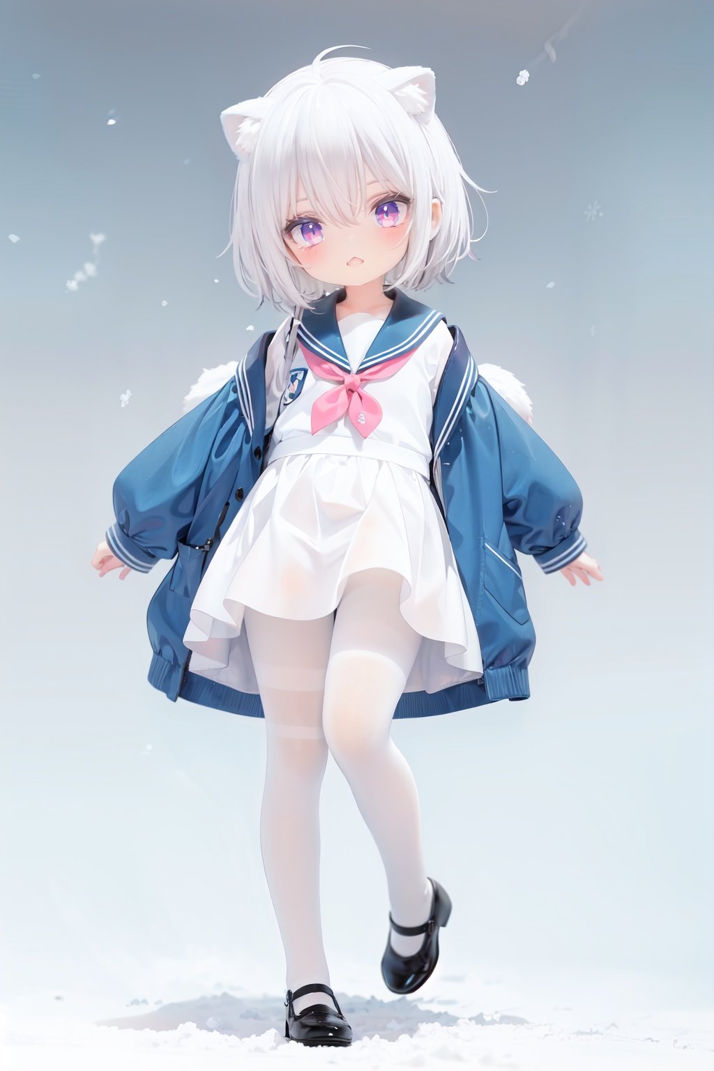  cute,Infant,solo blue shirt,blue sailor coat,loli,full body,white hair,snow leopard ear,white background,pink eyes,laugh,happy,white pantihose,white pantyhose,red armband,