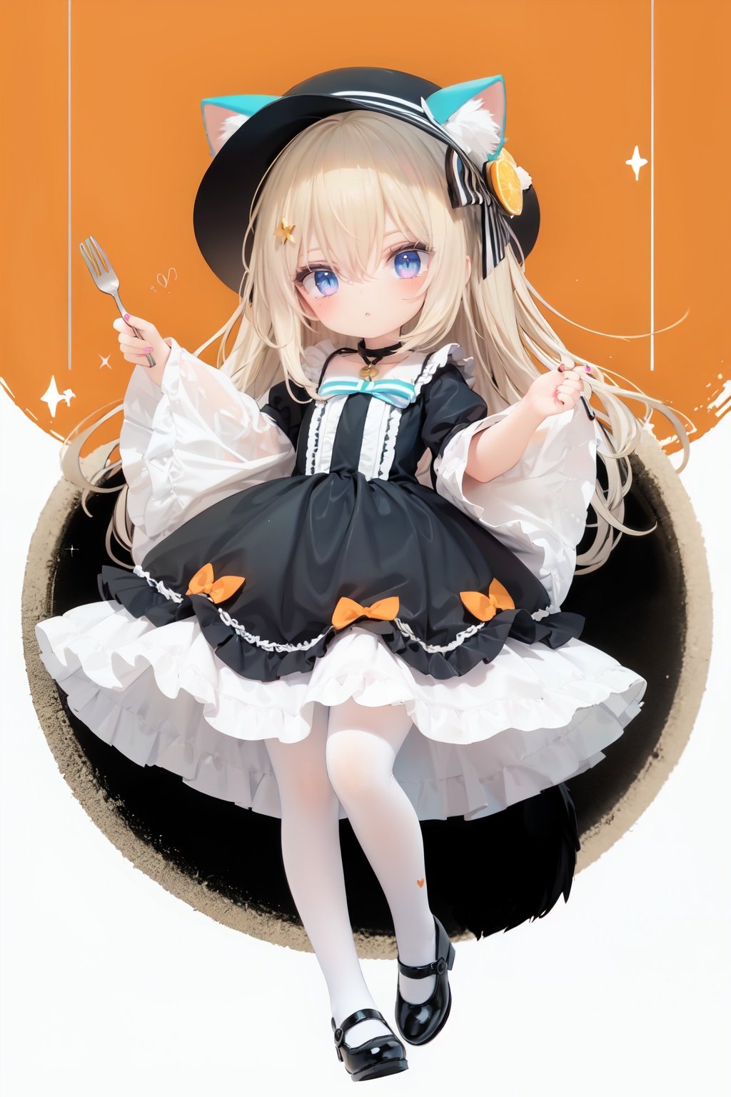  (cinematic lighting), dreamy atmosphere, Ray tracing, (((solo))), (loli:1.5), (child:1.5), (petite:1.5), green eyes, (animal ears), dress, solo, food, blonde hair, open mouth, long hair, pancake, flower, holding, bow, smile, fork, bird, socks, looking at viewer, shoes, striped background, holding fork, bonnet, striped, frills, long sleeves, :d, yellow dress, bangs, eyebrows visible through hair, blush, green nails, hair bow, nail polish, diagonal stripes, chick, sparkle, frilled dress, orange bow, fruit, full body, :3, hair between eyes, green bow, puffy sleeves, heart, lemon, orange footwear, animal ear fluff, white bow, cat ears, bobby socks, orange headwear, see-through sleeves, blue background, striped bow, hair ornament, white legwear, mary janes